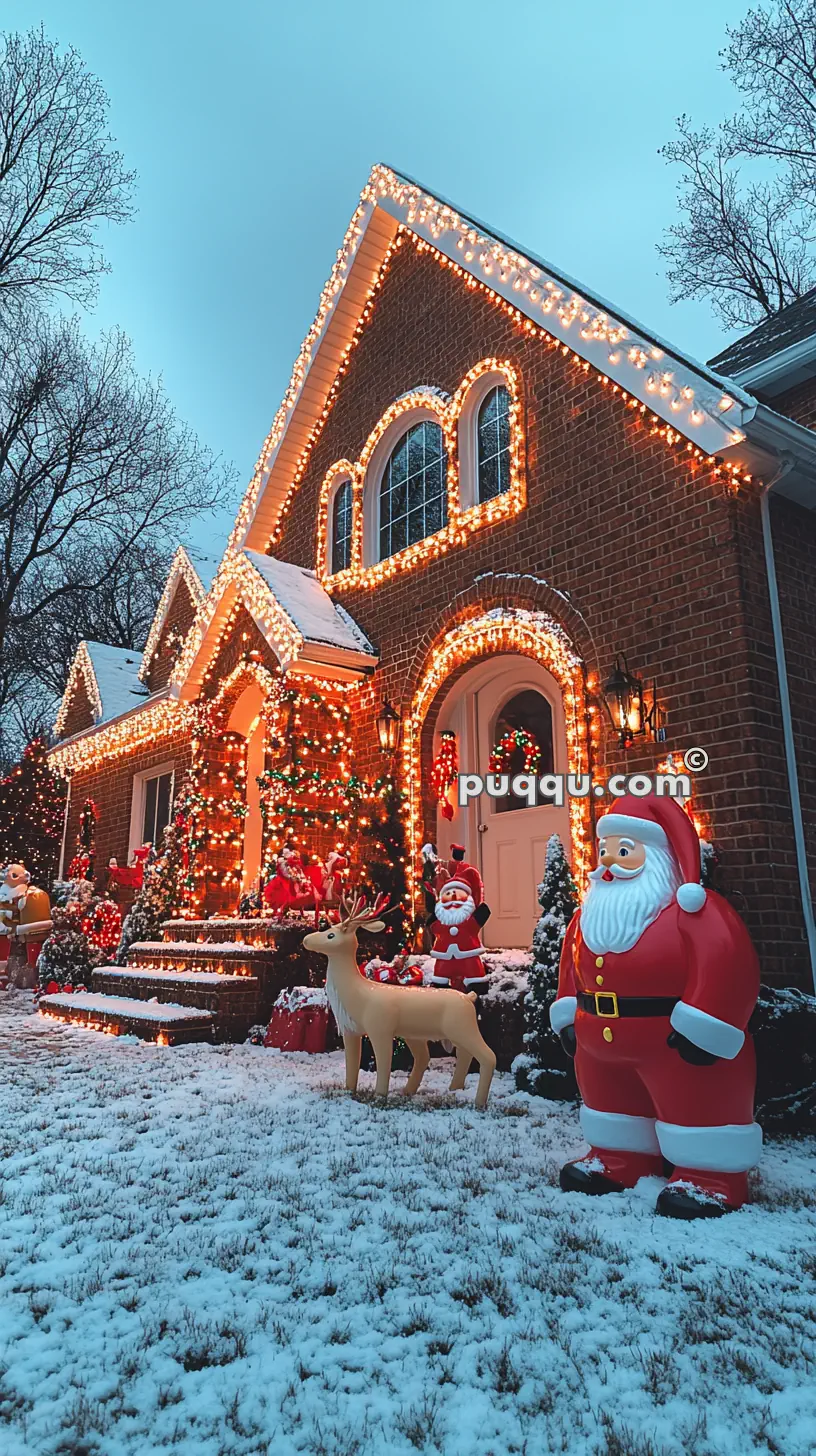 A snow-covered house decorated with Christmas lights, featuring Santa Claus and reindeer decorations on the lawn.