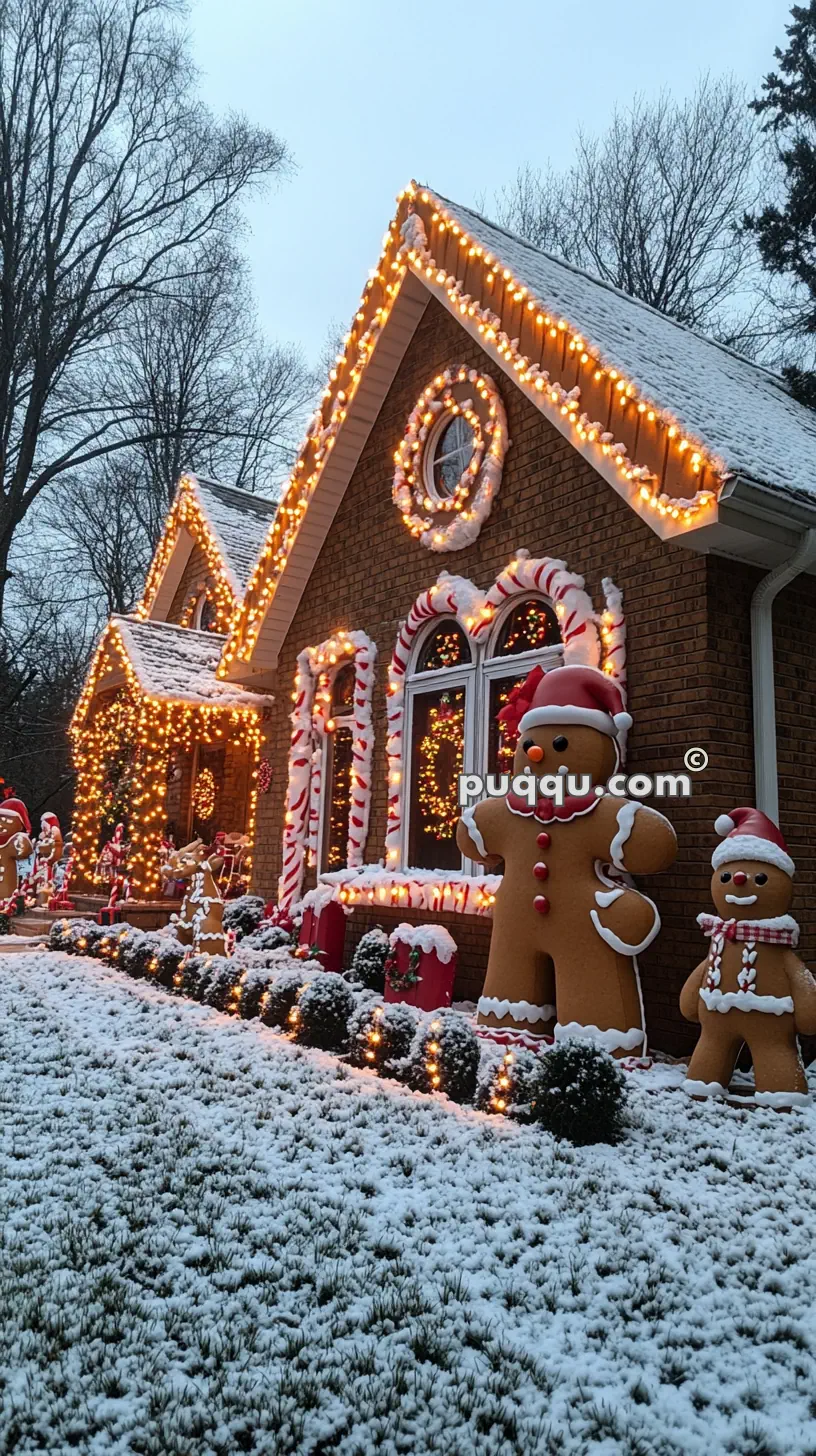 A house decorated with Christmas lights and gingerbread figures in a snowy yard.