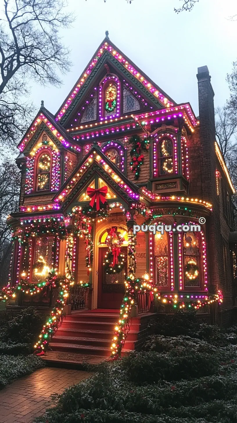 Victorian-style house adorned with colorful Christmas lights and decorations.