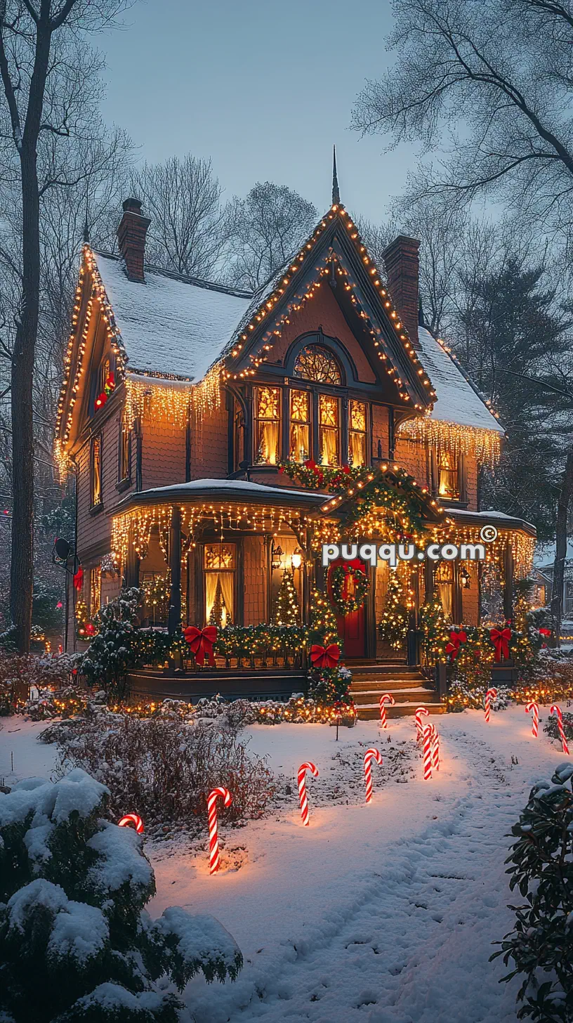 A charming house decorated with Christmas lights and wreaths, surrounded by snow and candy cane lights lining the path.