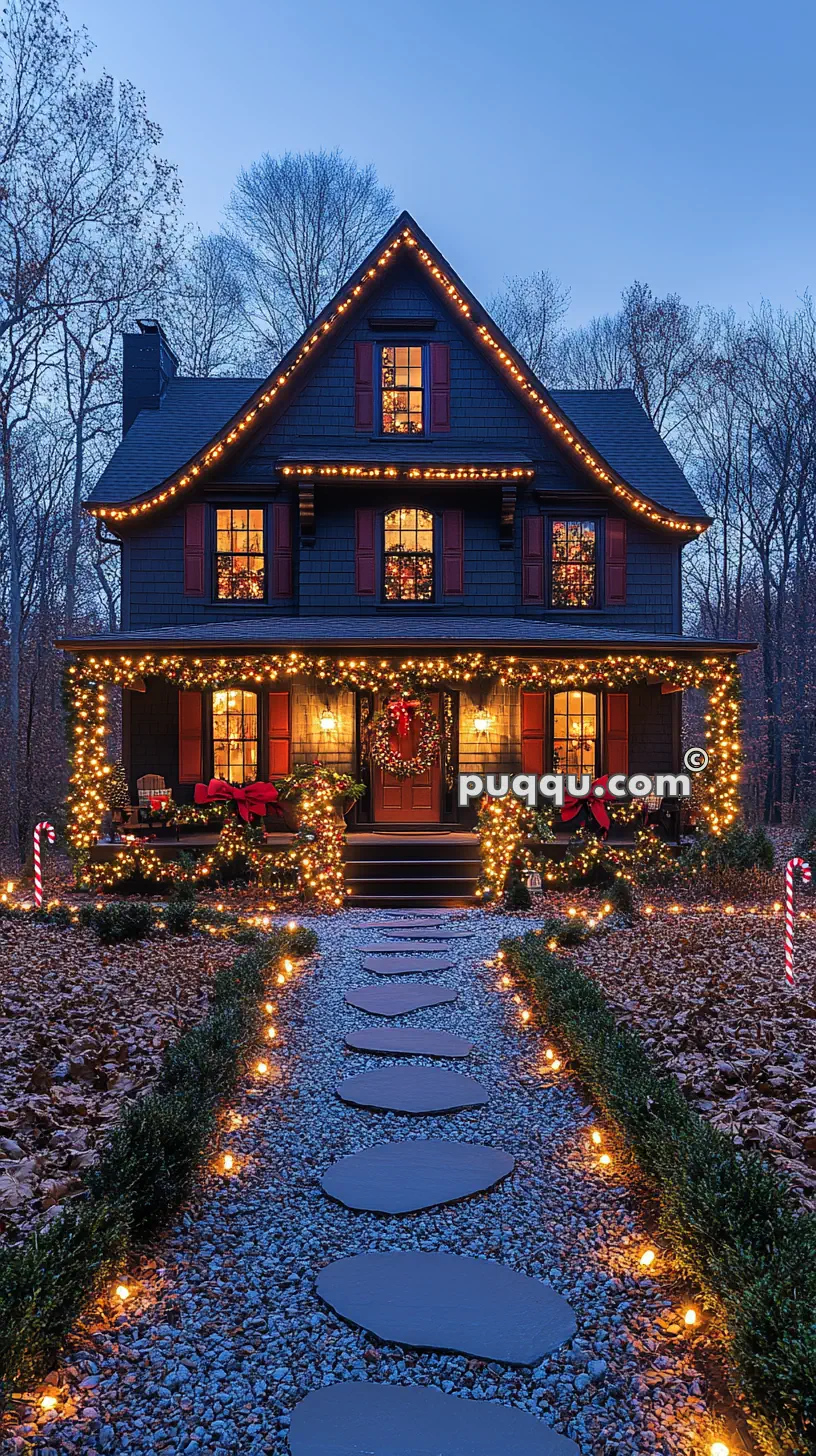 A cozy house beautifully decorated with Christmas lights, wreaths, and garlands, surrounded by a nighttime winter setting.