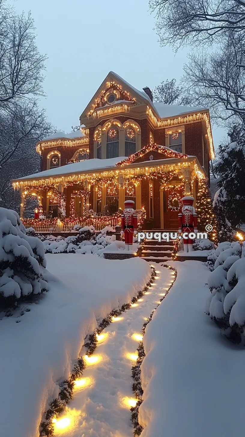 A snow-covered house adorned with Christmas lights and decorations, including nutcracker figures, and a walkway lined with glowing lights.