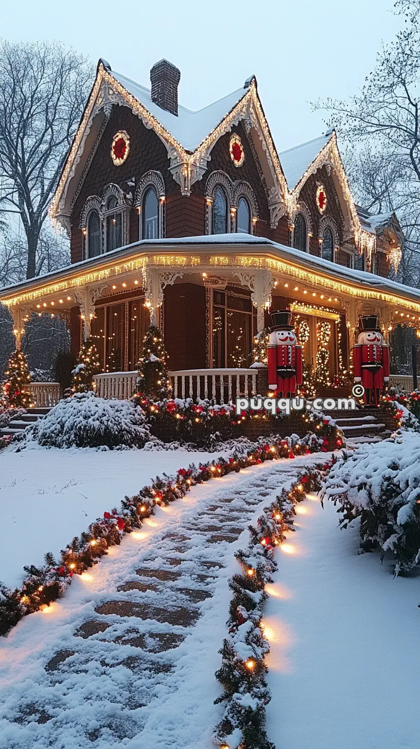 Victorian-style house decorated for Christmas with lights, wreaths, and nutcracker statues, set in a snowy landscape.