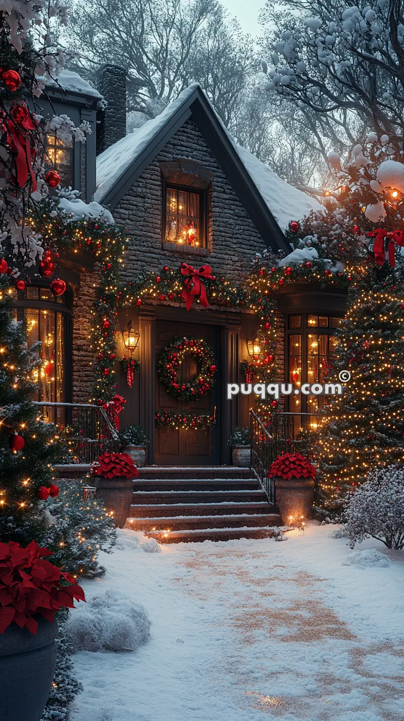 A cozy house with a snow-covered roof, decorated with Christmas lights, wreaths, and red bows, surrounded by snow-laden trees and poinsettias.