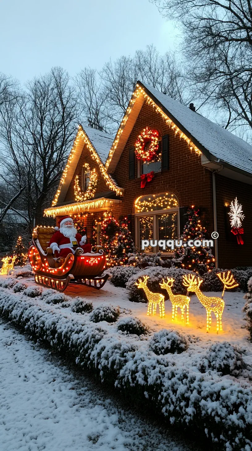 A snow-covered house with Christmas decorations, including Santa in a sleigh, light-up reindeer, and illuminated wreaths and icicles.