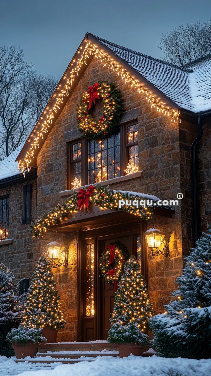 Stone house decorated with Christmas lights, wreaths, and glowing trees in snow.