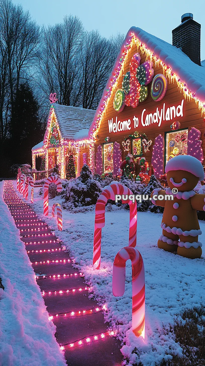 A festive gingerbread house decorated with holiday lights, candy canes lining the walkway, and a large gingerbread figure outside, against a snowy backdrop.