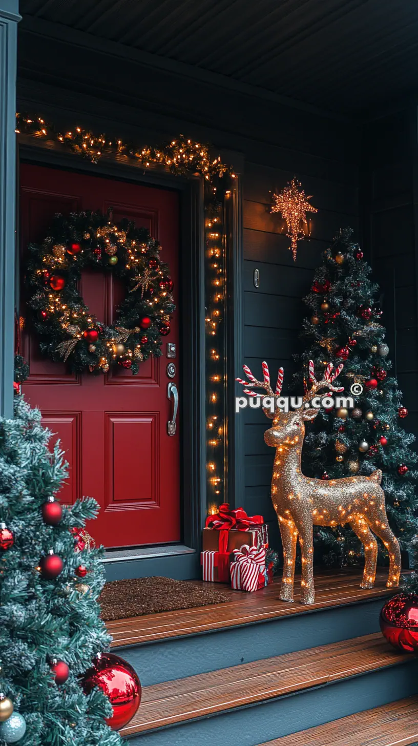 Festive porch with a red door adorned with a Christmas wreath, surrounded by lit garlands, two decorated trees, a light-up reindeer, and wrapped gifts.