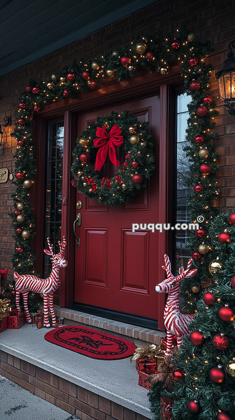 A festive front porch decorated with a red door, Christmas wreath, garland, striped reindeer figures, and wrapped gifts.