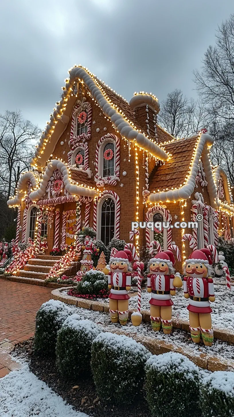 A gingerbread house decorated with candy canes, lights, and festive figures, surrounded by snow-dusted shrubs.