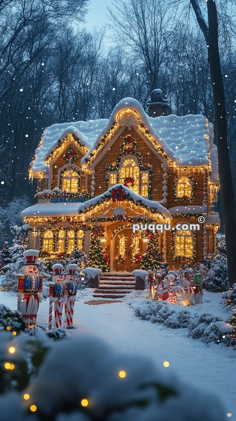 A snow-covered house decorated with Christmas lights and ornaments, surrounded by snowmen and candy-themed figures, amidst falling snowflakes and a wooded background.