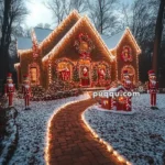 A festive house with Christmas lights and decorations, including large nutcracker figures and a snowy yard.