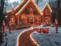 A festive house with Christmas lights and decorations, including large nutcracker figures and a snowy yard.