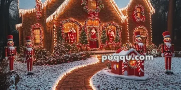 A festive house with Christmas lights and decorations, including large nutcracker figures and a snowy yard.