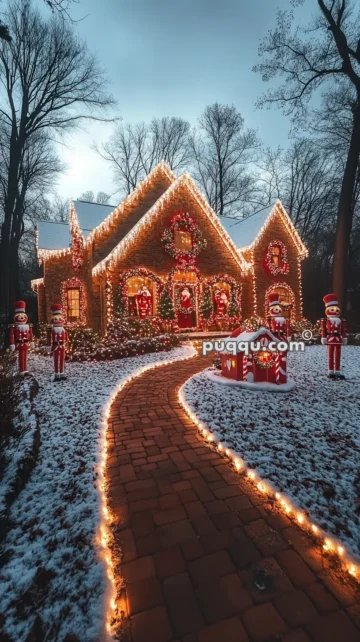 A festive house with Christmas lights and decorations, including large nutcracker figures and a snowy yard.