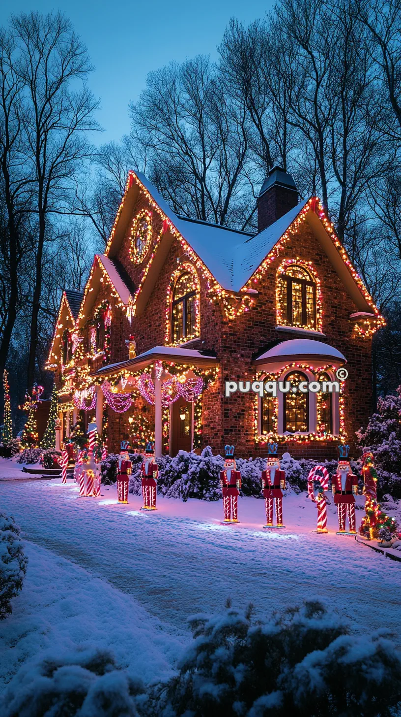 A house adorned with colorful Christmas lights and decorations, including nutcracker statues and candy canes, surrounded by snow and trees.