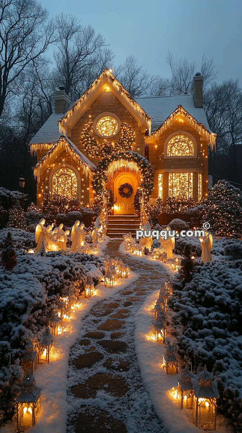 Cozy house beautifully decorated with Christmas lights and surrounded by a snowy landscape, featuring glowing angel statues along the walkway.