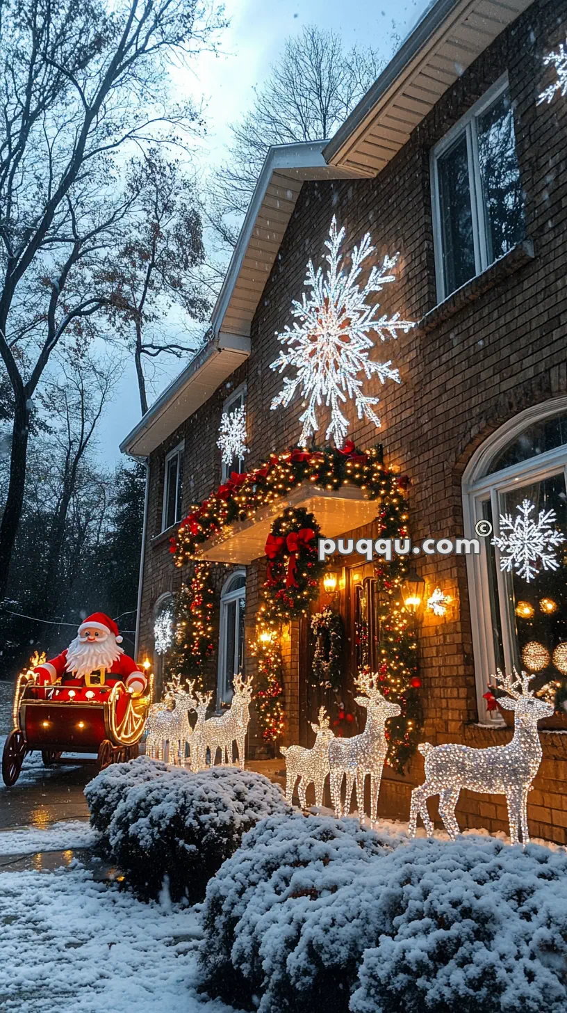 A brick house decorated with Christmas lights, featuring illuminated reindeer, Santa in a sleigh, and large snowflake ornaments. Snow covers the ground and bushes.