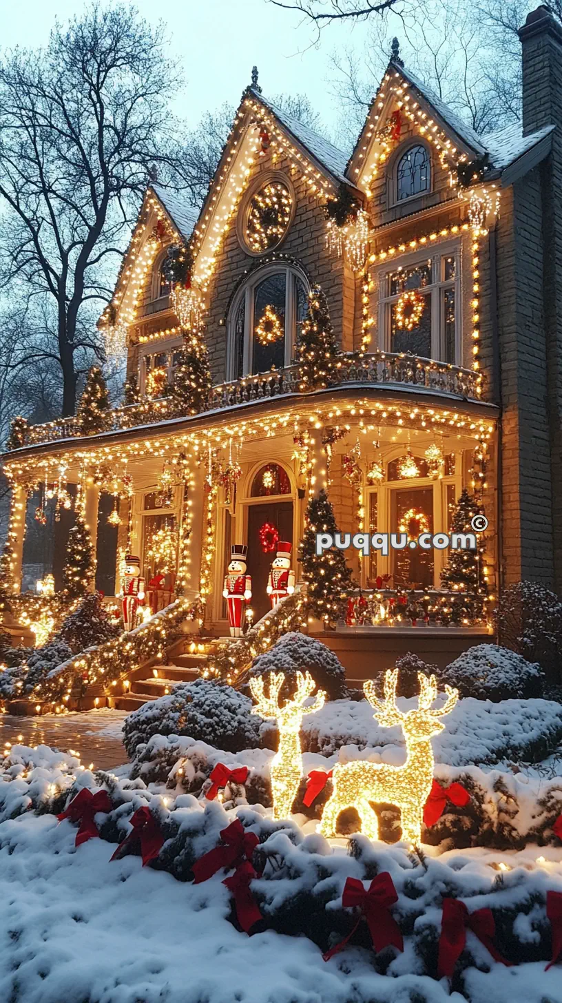 A house adorned with festive holiday lights, including illuminated deer figures, snow-covered bushes, and red ribbon bows, creating a warm and cheerful winter scene.