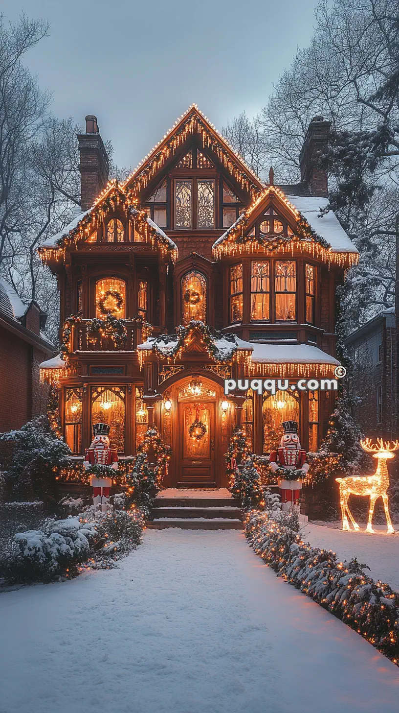 Victorian house decorated with Christmas lights and wreaths, featuring nutcracker statues and a lighted reindeer in a snowy setting.