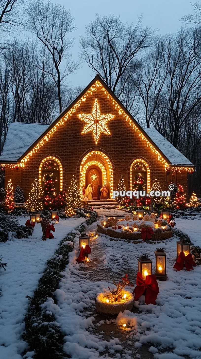 A snow-covered house decorated with Christmas lights and lanterns, featuring a nativity scene at the entrance.