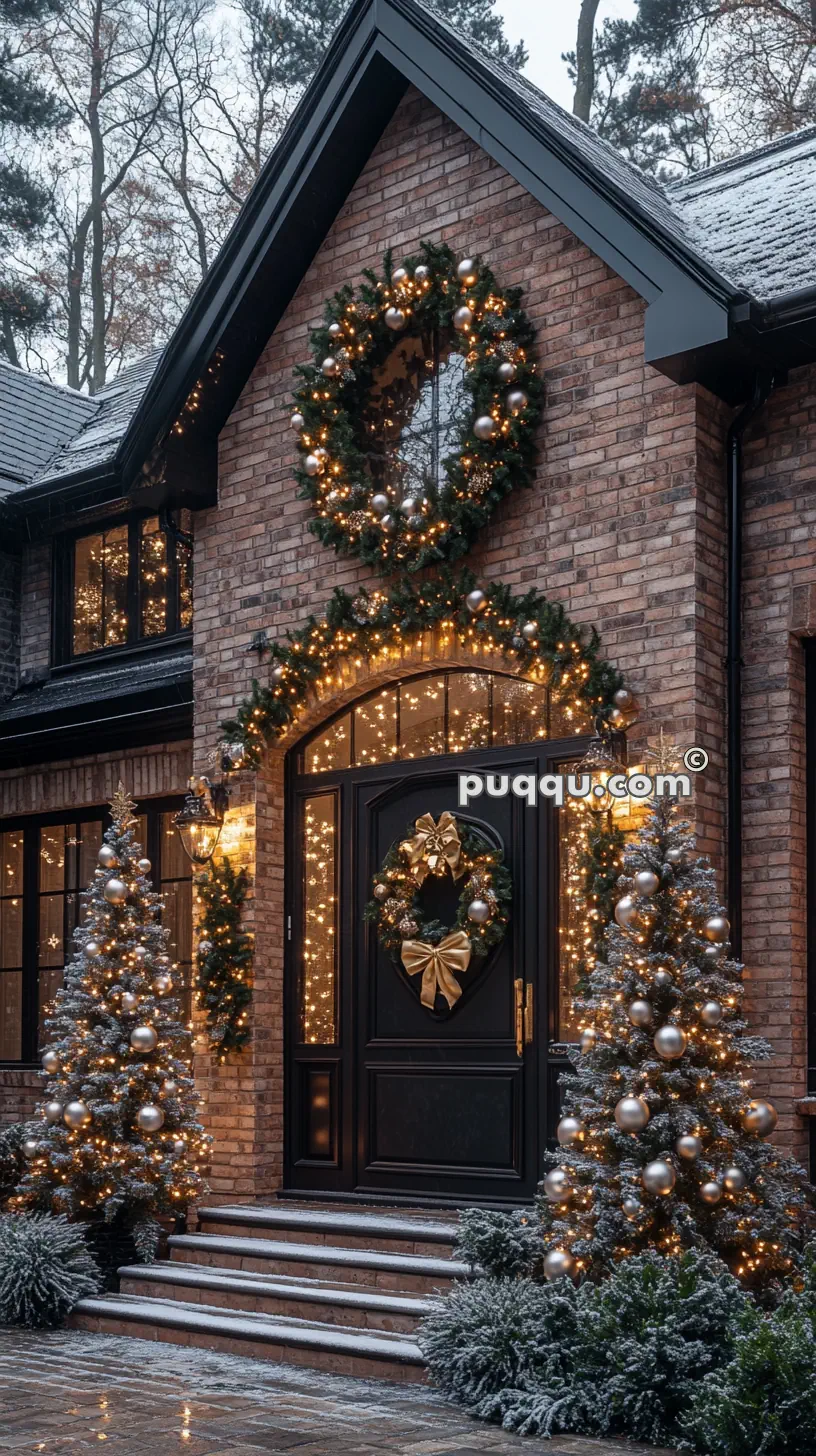 Festive house entrance with large Christmas wreaths, decorated trees with lights and ornaments, and snow-covered brick pathway.