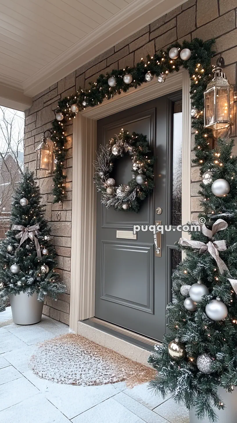 Festively decorated front porch with a wreath on the door, garland with ornaments, and two small Christmas trees.