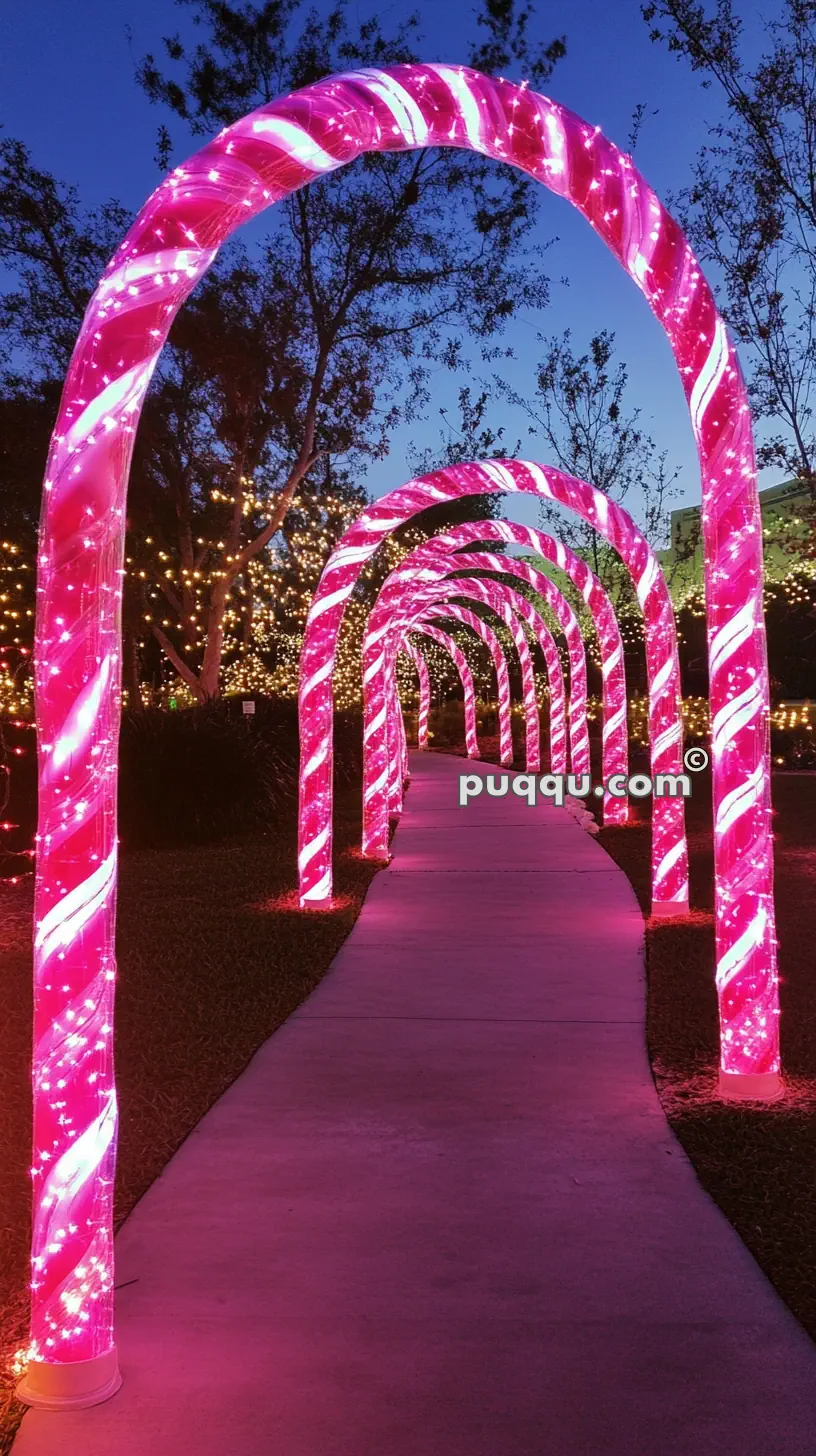 Illuminated candy-cane archway with pink and white lights over a pathway at dusk.