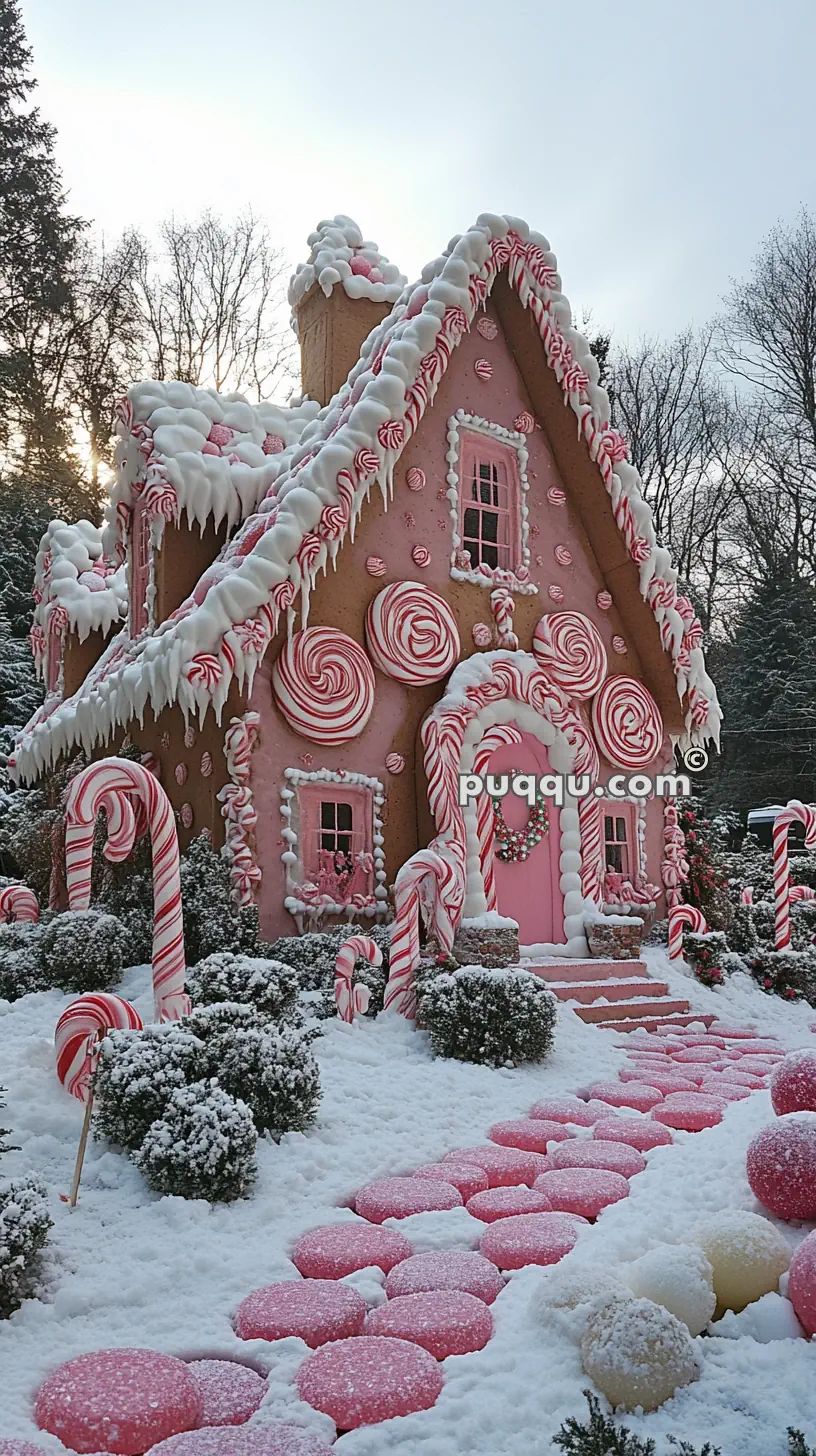 A gingerbread house decorated with candy canes, swirled lollipops, and frosting, surrounded by snow.