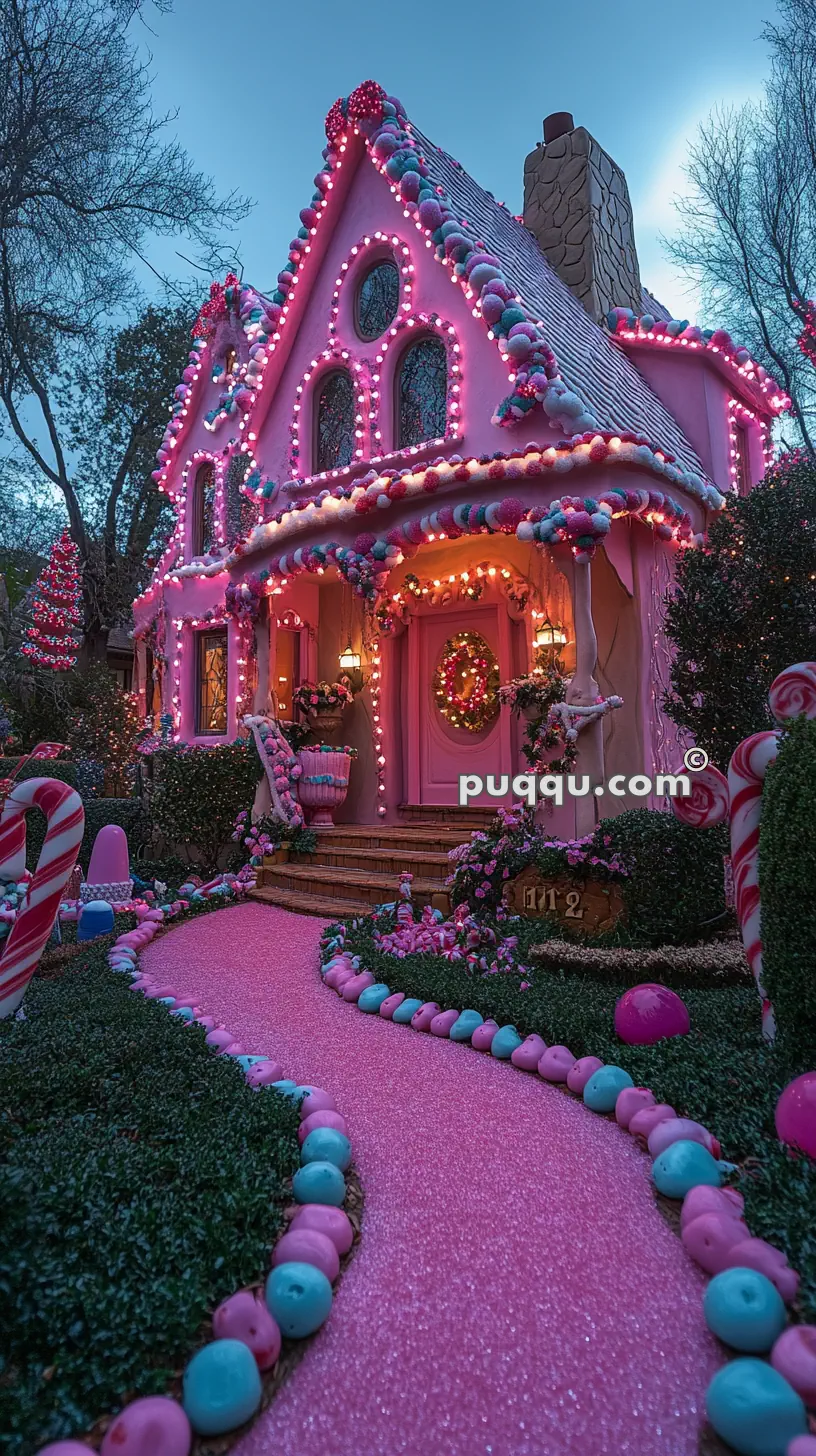 Pink house decorated with candy-themed lights and ornaments, featuring a pink path lined with colorful decorations in a whimsical garden setting.