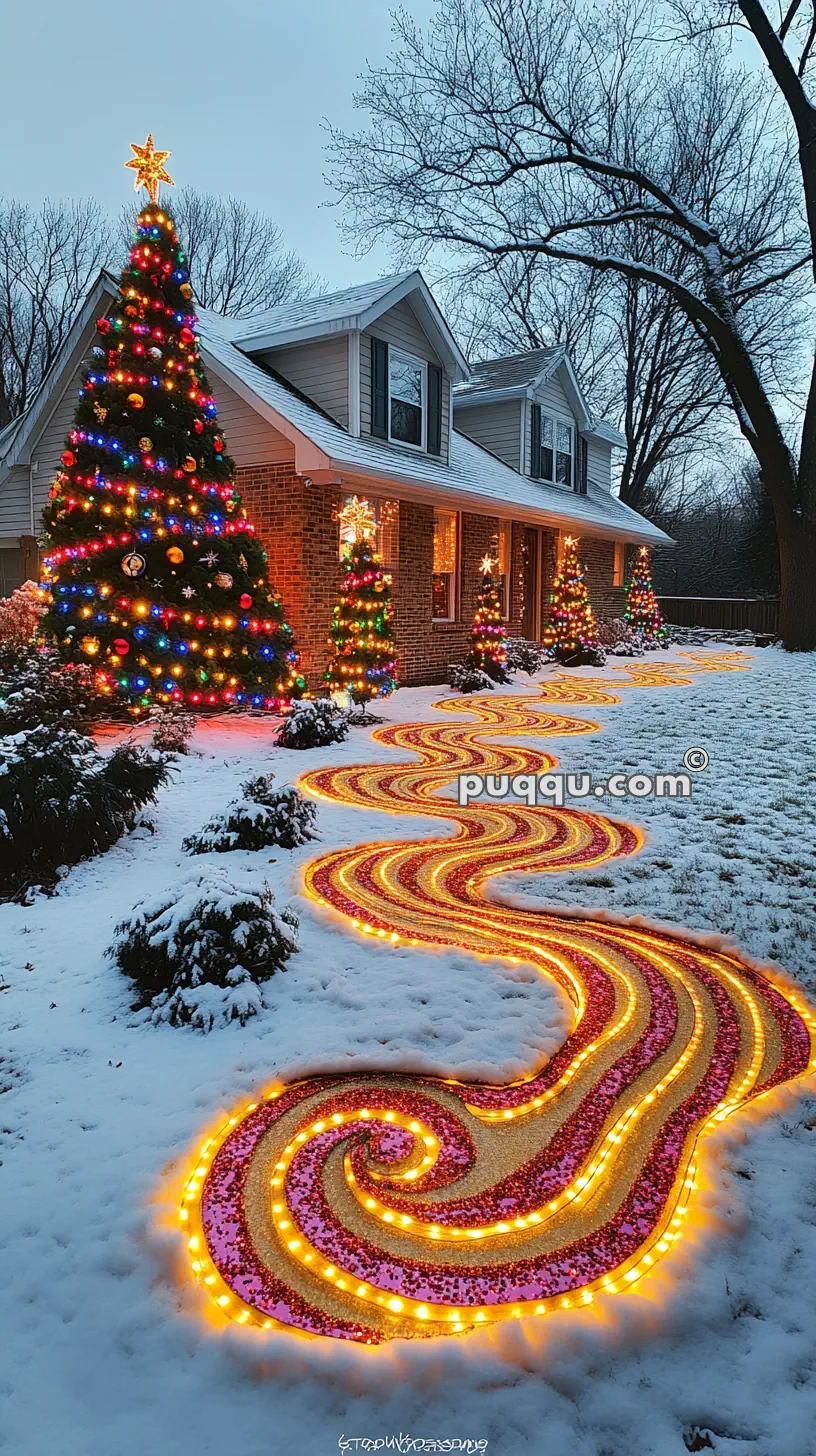 A snowy yard with a house decorated for Christmas, featuring colorful lights on trees and a swirling path of lights leading to the entrance.