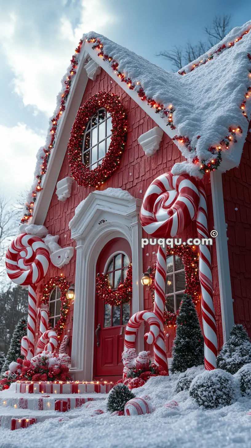 A snowy house decorated with red and white candy canes, garlands, and lights, resembling a gingerbread house.