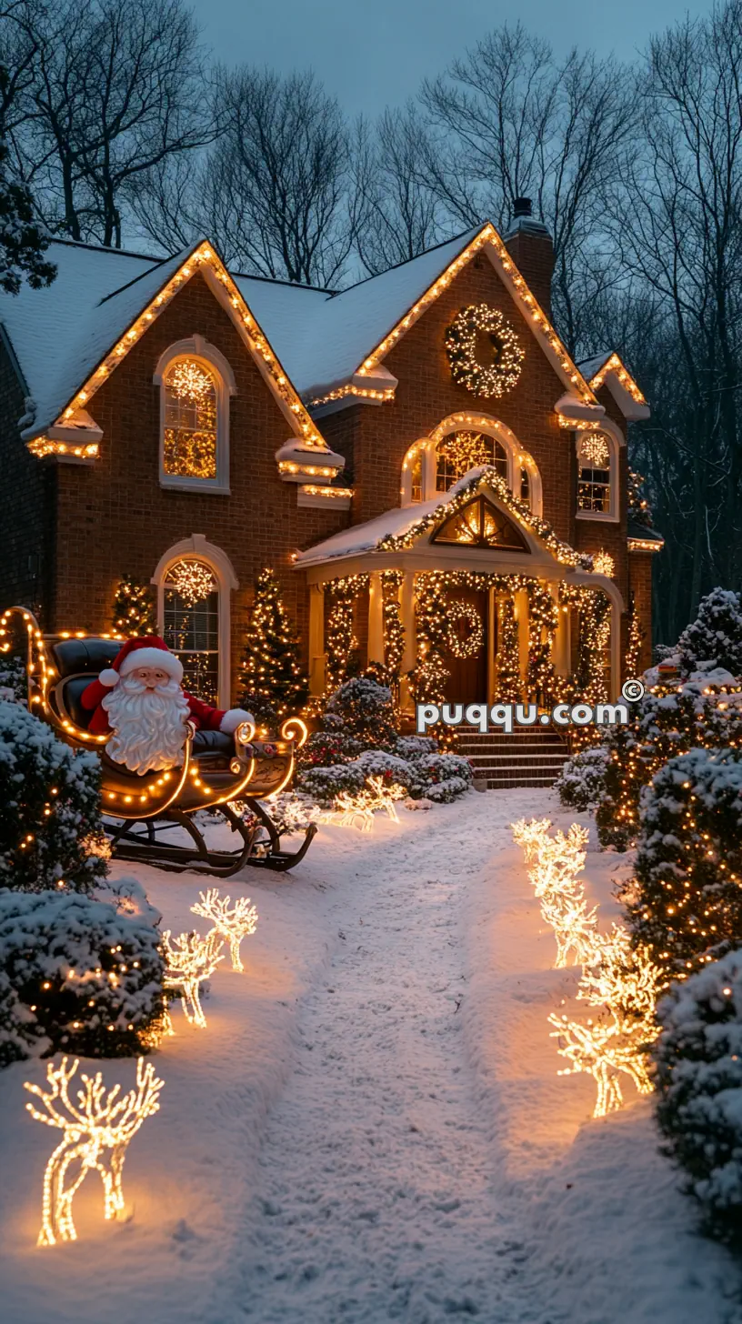 Festively decorated house with Christmas lights, Santa in a sleigh, and illuminated reindeer figures in a snowy garden.