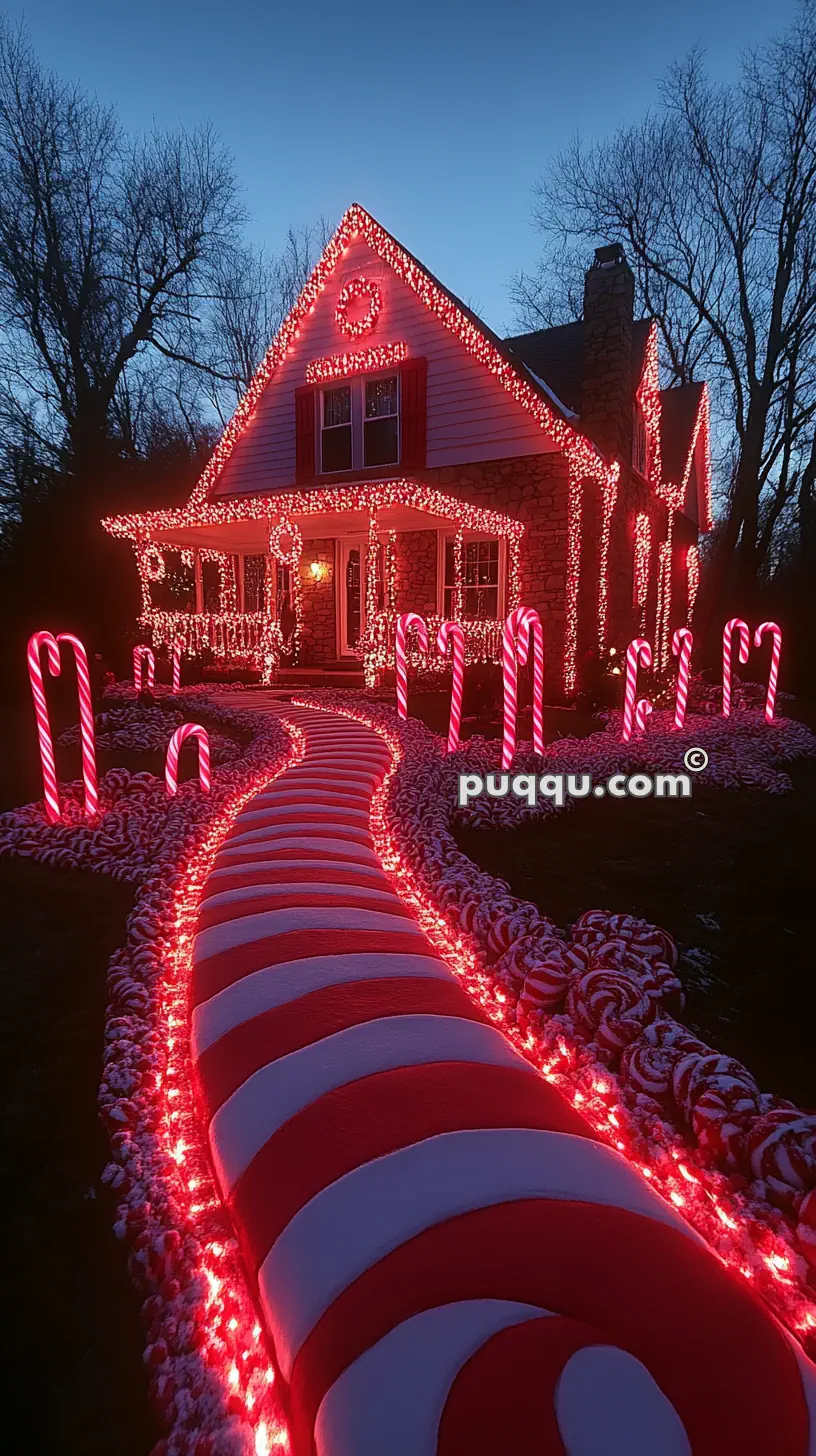 House decorated with red and white candy cane lights and a candy-striped walkway.