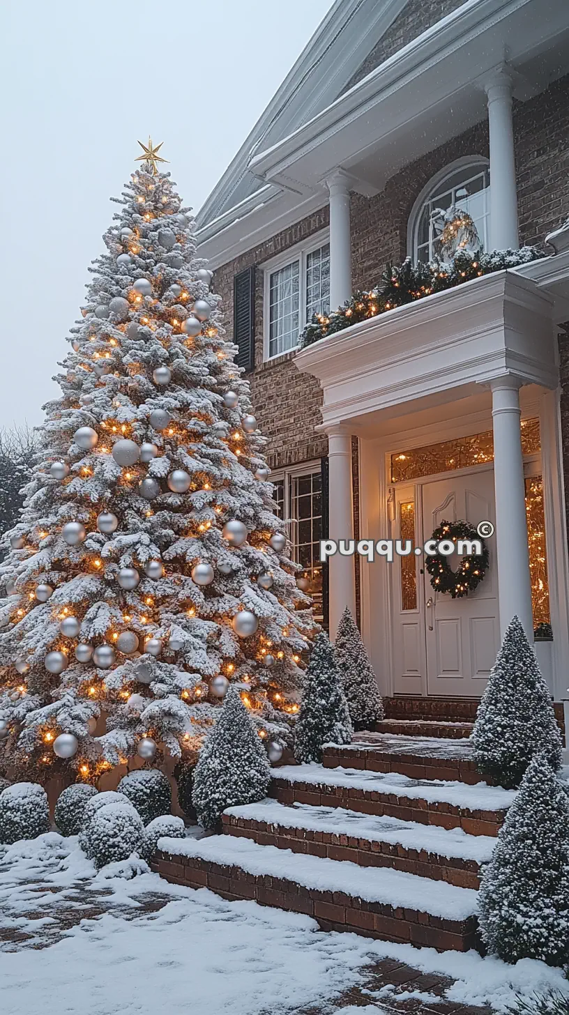 Snow-covered Christmas tree with lights and ornaments in front of a brick house with festive decorations.