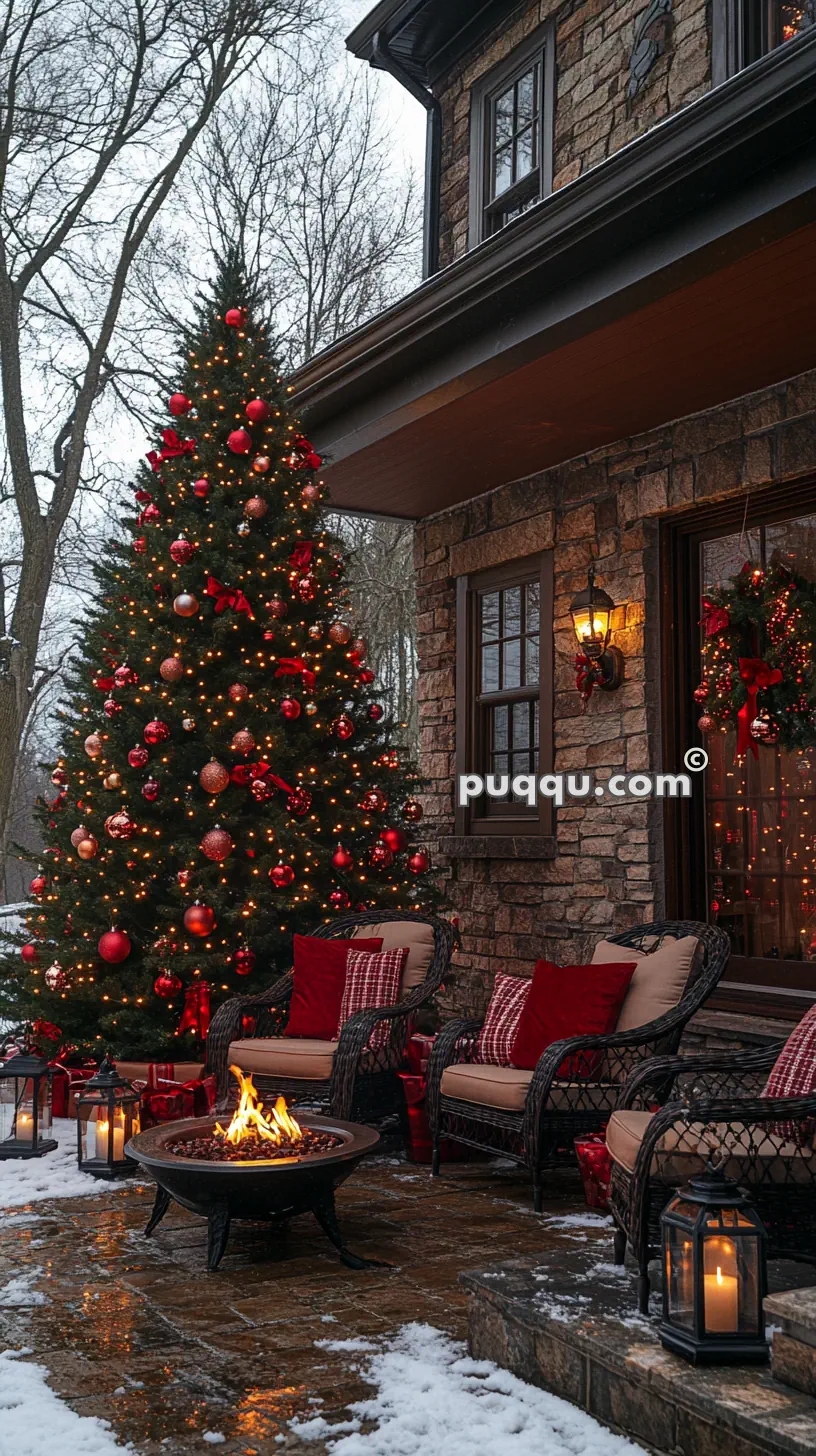 Cozy Christmas scene with a decorated Christmas tree outdoors, wicker chairs with red cushions, a fire pit, and glowing lanterns on a snowy patio.