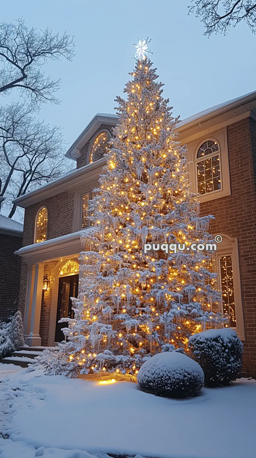 A snow-covered Christmas tree adorned with bright lights stands in front of a brick house, surrounded by snow-draped bushes.