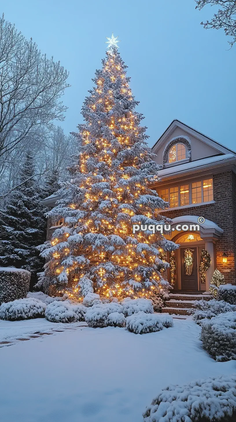 A large, snow-covered Christmas tree adorned with golden lights stands in front of a house with lit windows and a festive wreath on the door, surrounded by snowy bushes.