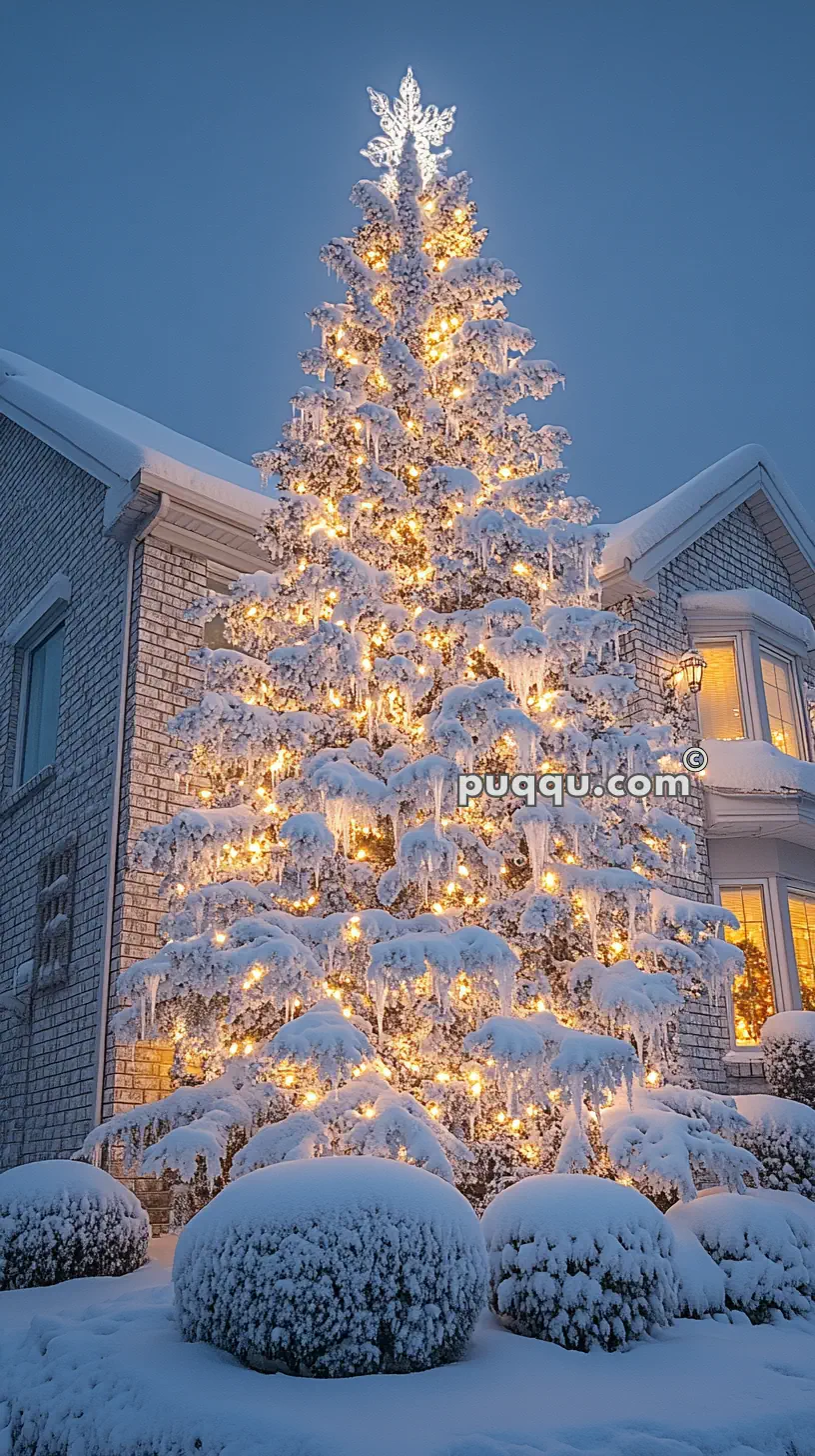 Large snow-covered Christmas tree adorned with glowing lights in front of a brick house.