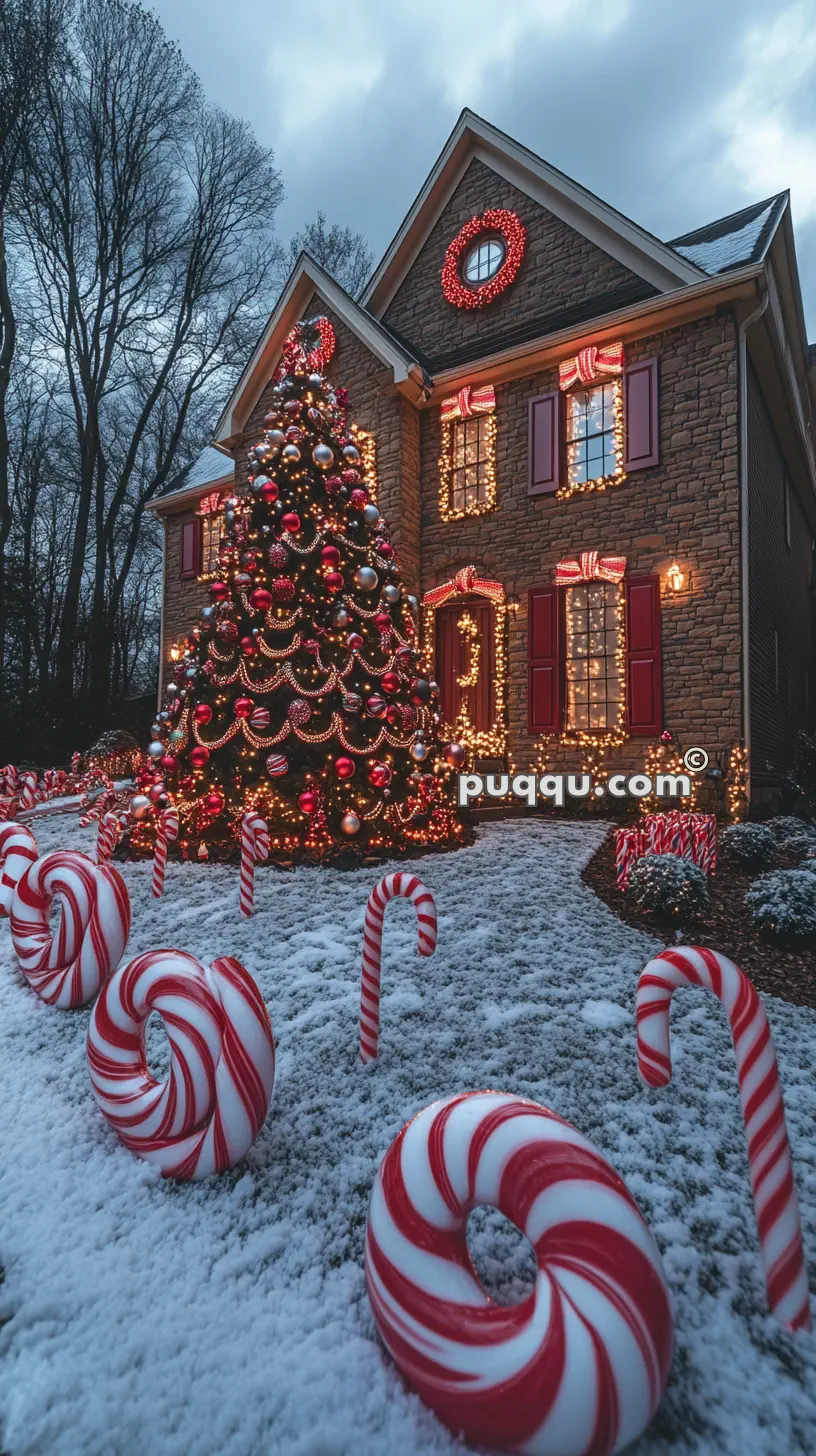 A house decorated for Christmas with lights, a large Christmas tree, red and white candy cane decorations, and snow-covered ground.