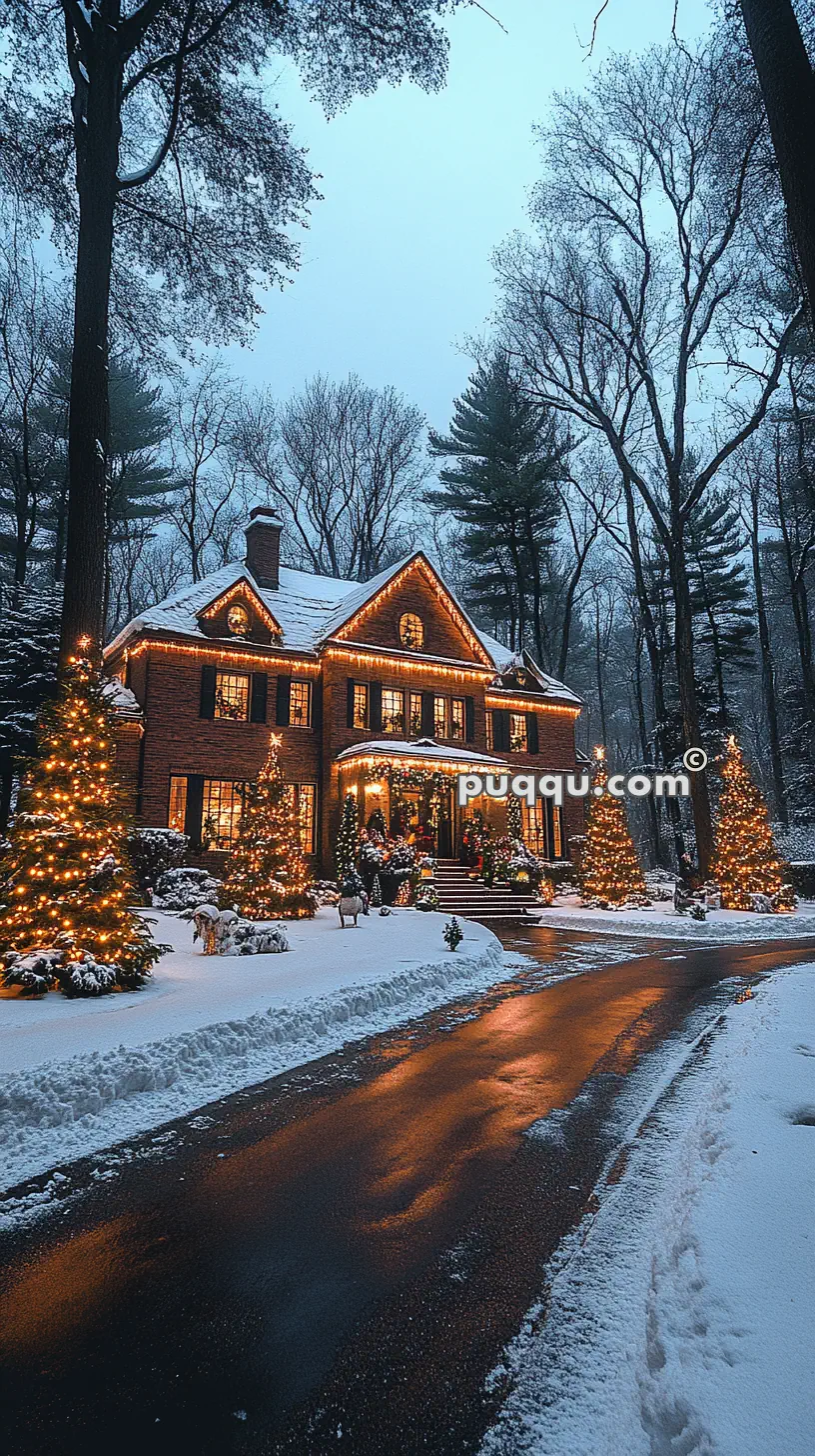 A large house adorned with Christmas lights, surrounded by snow-covered trees and illuminated holiday decorations in the yard.