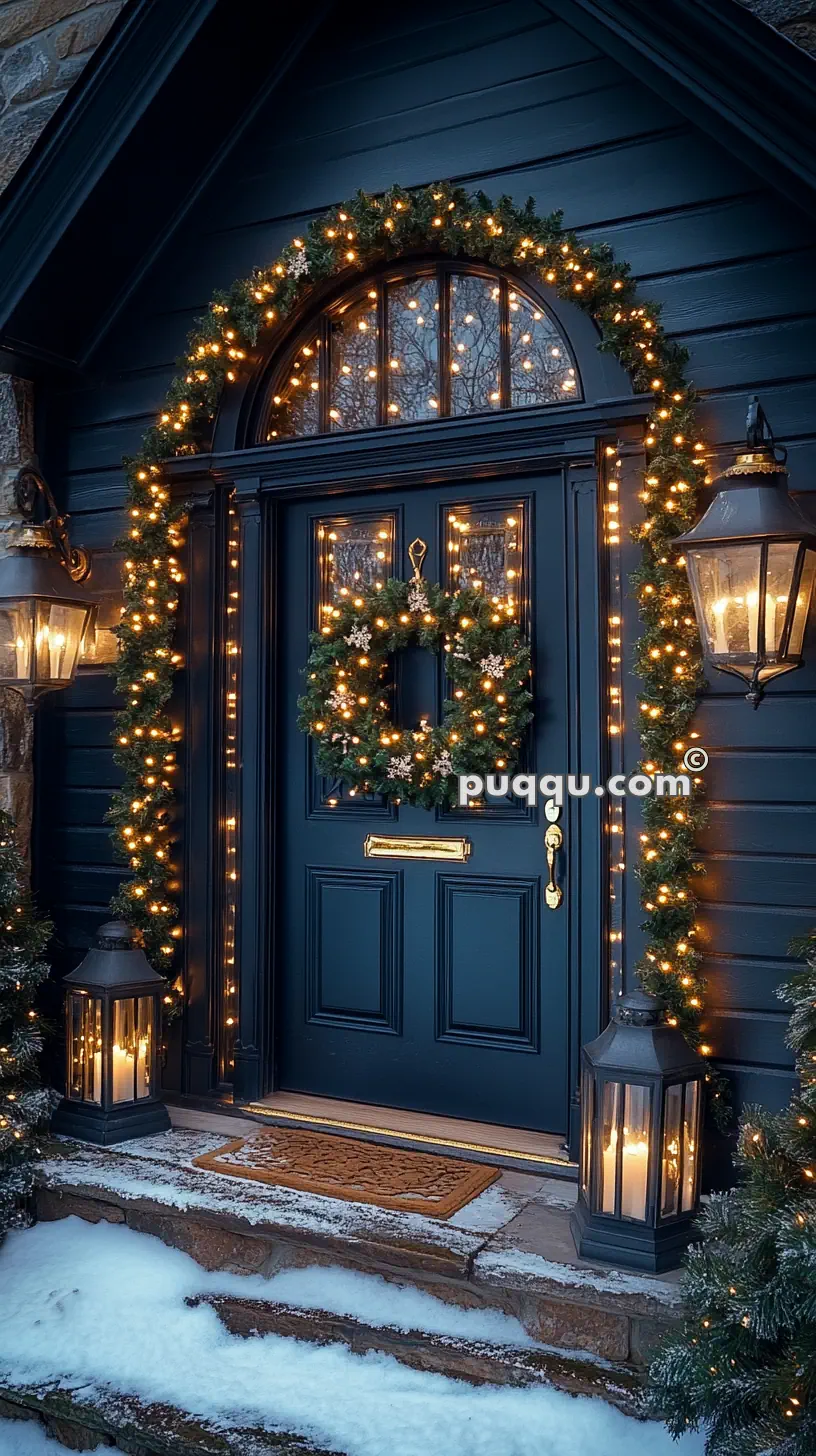 A festive front door decorated with a wreath and garlands of Christmas lights; lanterns illuminate the snowy doorstep.