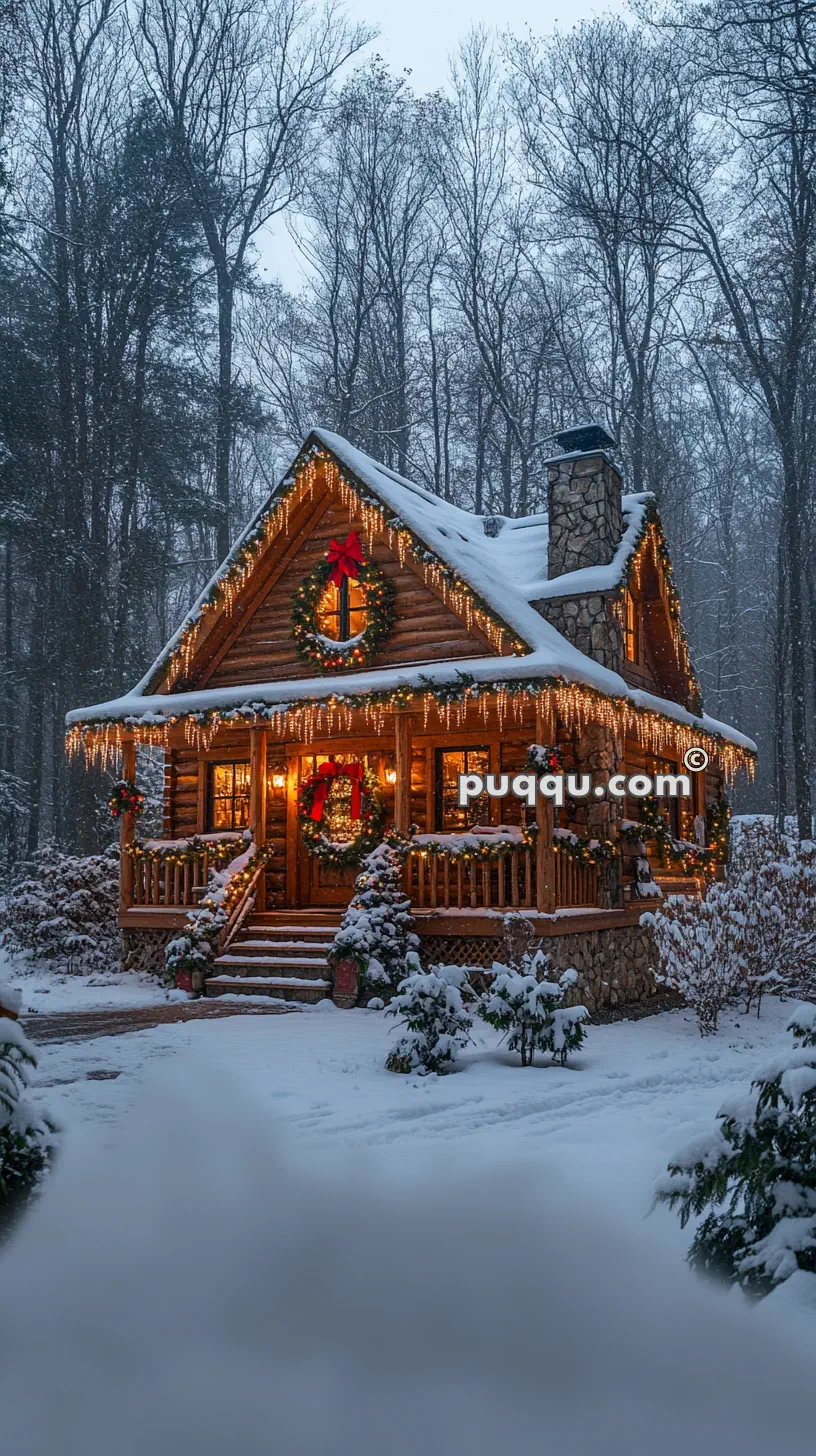 Cozy log cabin in a snowy forest, decorated with Christmas lights and wreaths.