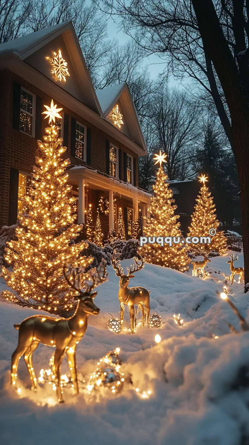 A snow-covered yard with lit Christmas trees, illuminated reindeer decorations, and a house adorned with glowing stars and snowflakes.