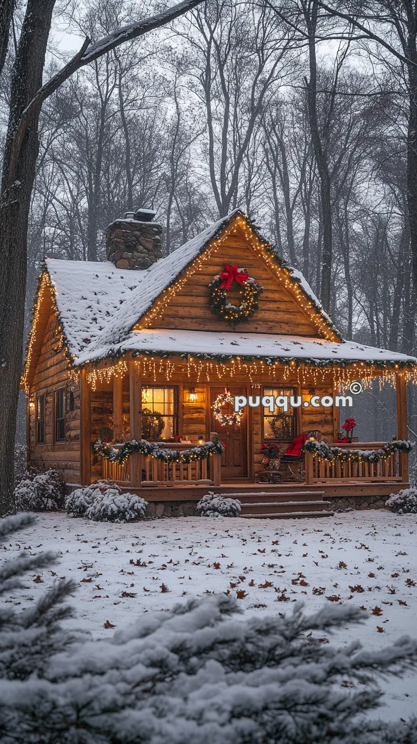 Cozy cabin in a snowy forest decorated with festive lights and wreaths.