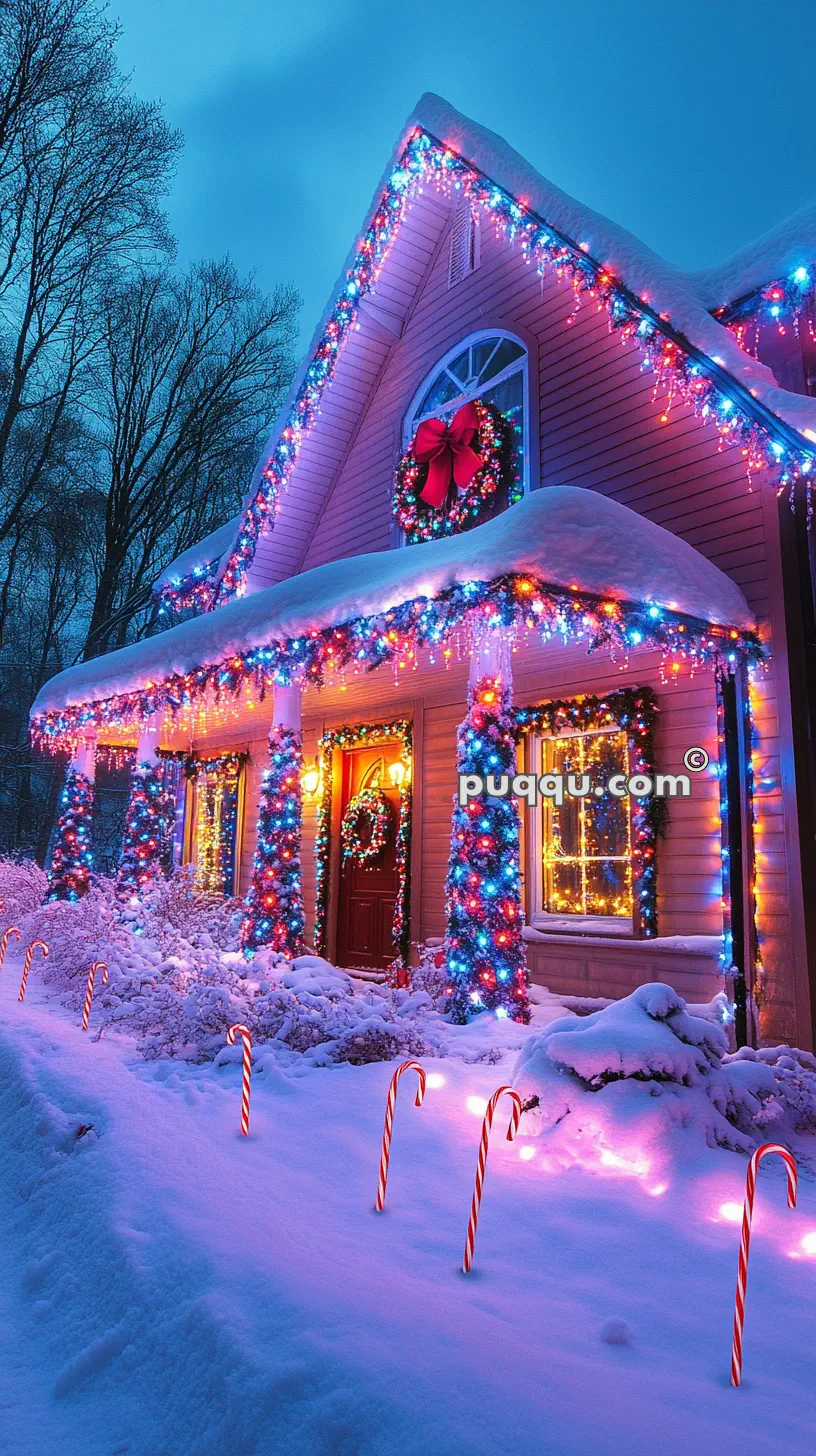 A house decorated with colorful Christmas lights and wreaths, surrounded by snow and candy cane decorations.