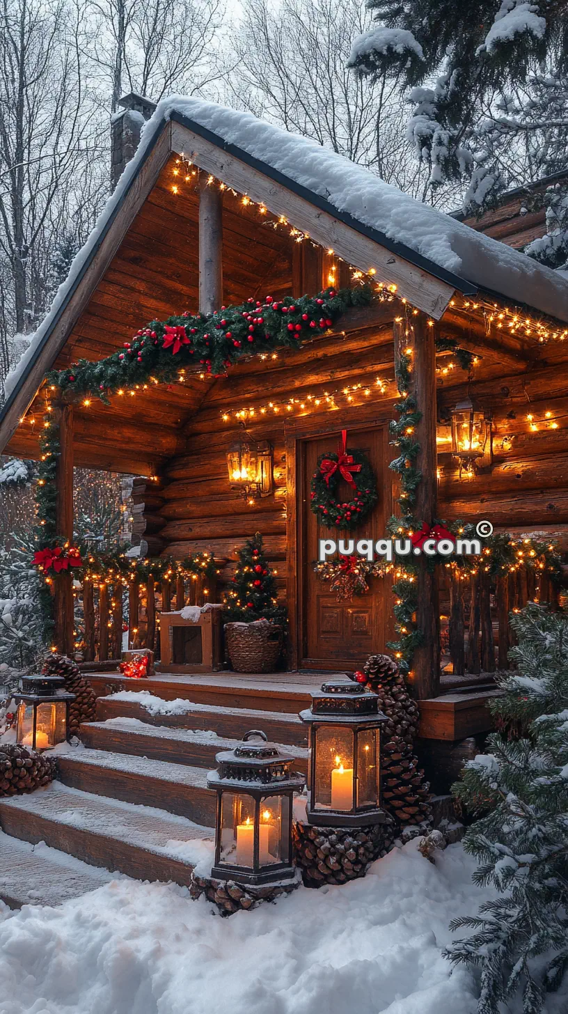 Cozy wooden cabin with Christmas decorations, lights, and snow-covered surroundings.