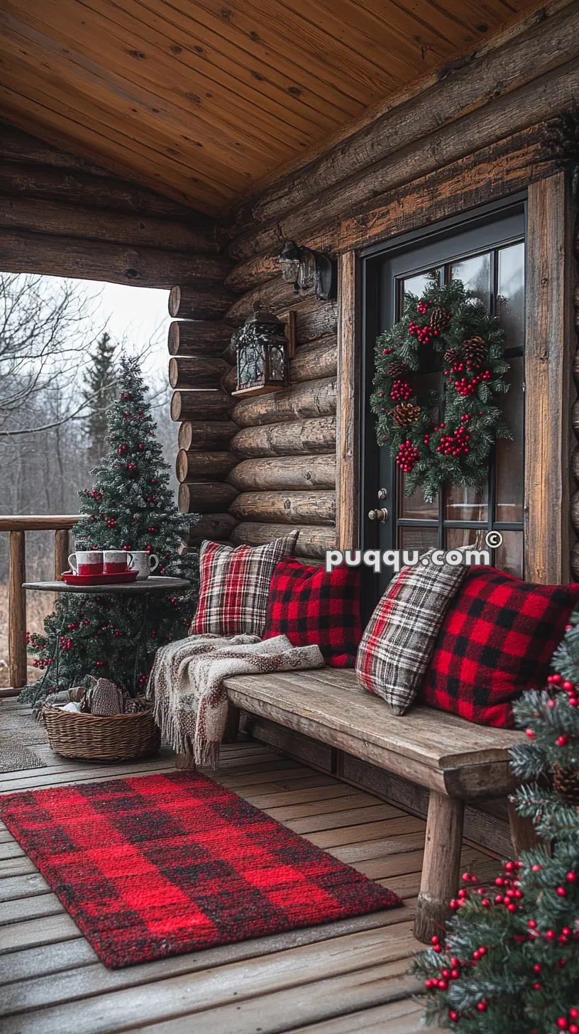 Rustic wooden porch decorated for Christmas with a small tree, plaid cushions, and wreath.