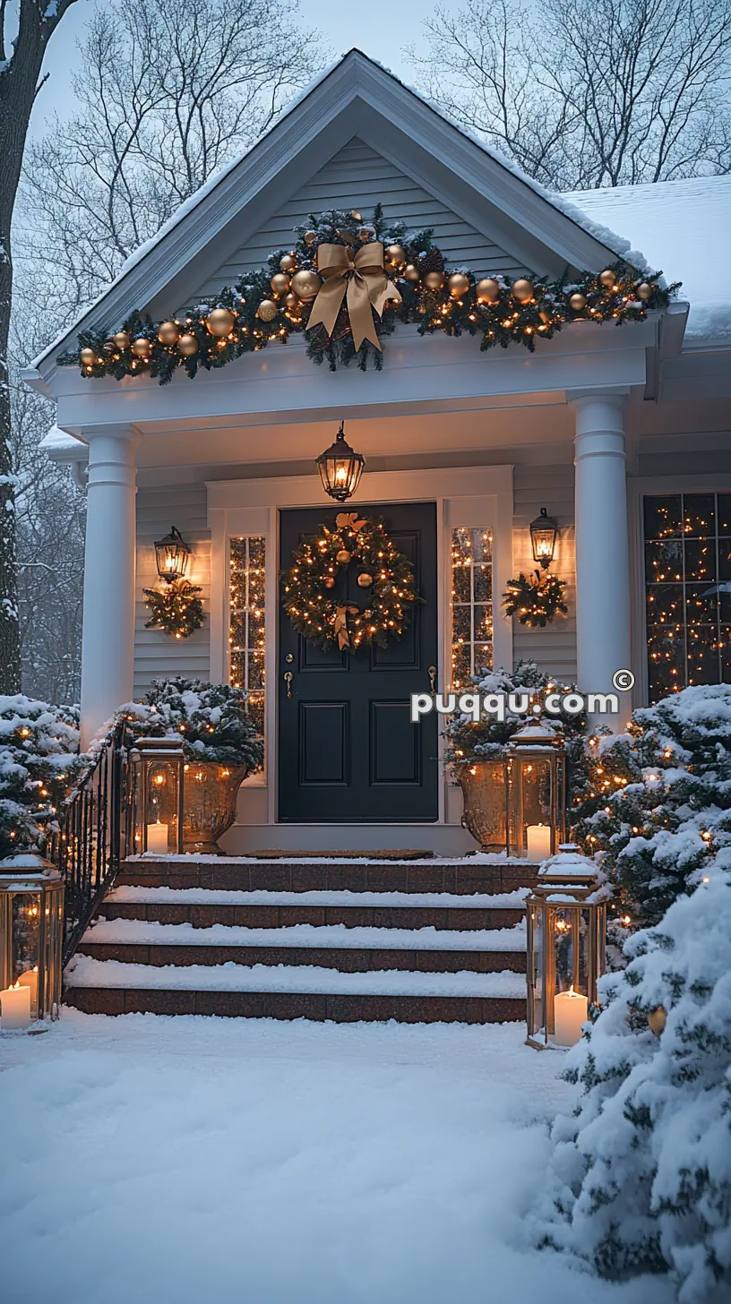 Snowy front porch with Christmas decorations, including a wreath and garlands with gold ornaments and ribbons, and lanterns with candles.