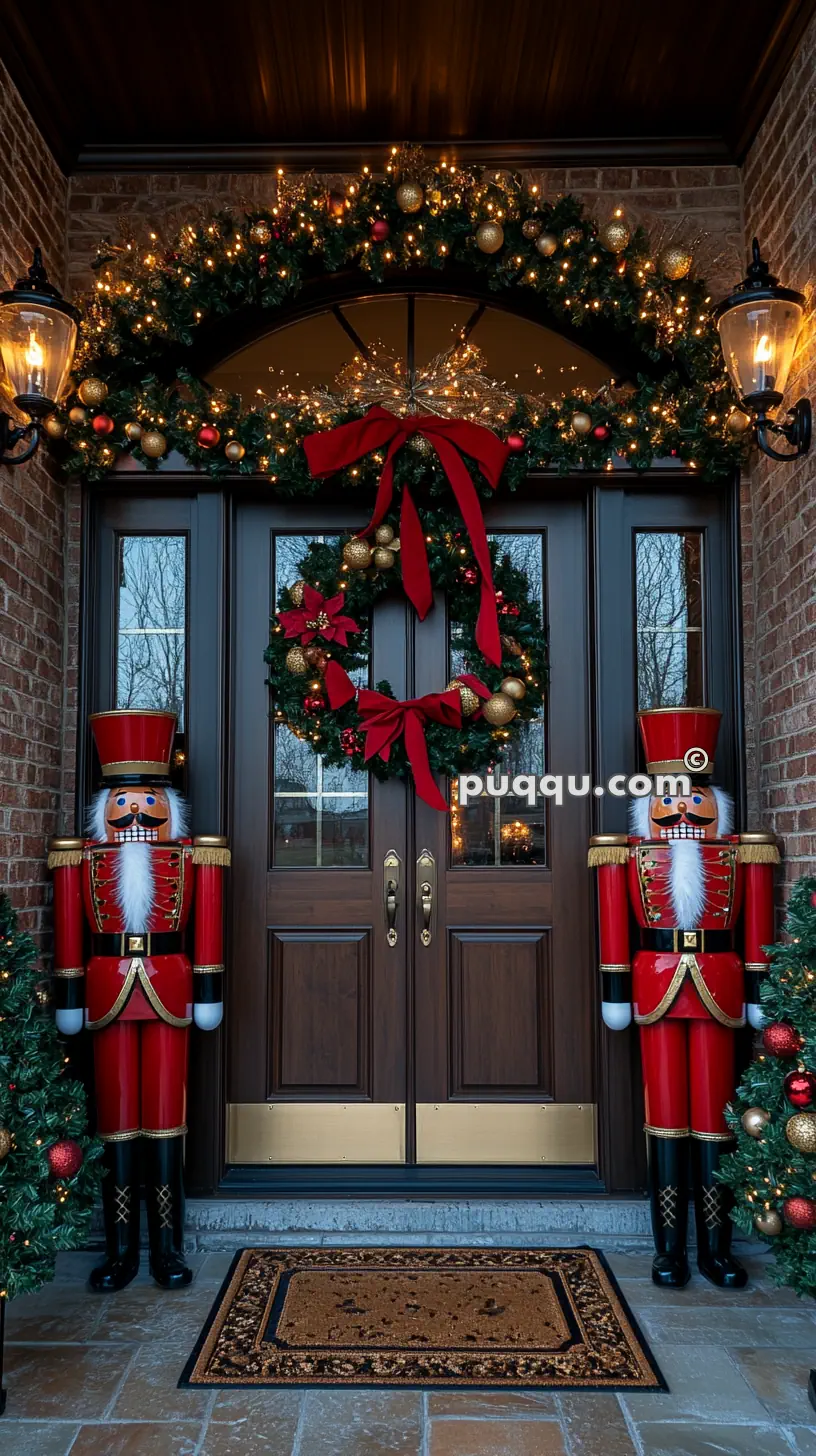 Festive front porch with Christmas wreaths, nutcracker statues, and illuminated garlands.